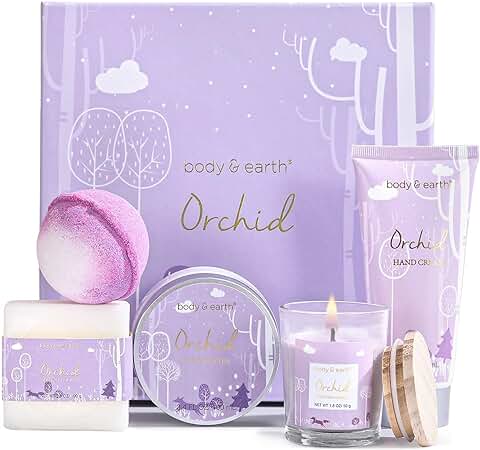 BODY & EARTH Set de Regalo - 5pcs Fragancia Orquídea Set de Mujeres con Vela Perfumada, Manteca Corporal, Crema de Manos, Bomba de Baño, Set de Bienestar para Novia, Mamá,  