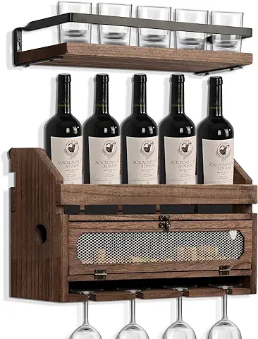 Botellero de Pared de Madera con Soporte de Cristal y Tapón de Corcho, para 5 Botellas de Vino y 4 Copas de Vino, Estantería de Pared de 2 Niveles, Soporte Colgante para Botellas para Cocina  