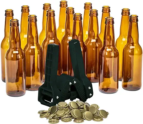 Brew Monkey® Juego de Botellas con 15 Botellas, Dispositivo de Tapón de Botella y 30 Tapas de Botella - Llénate tú Mismo - Botellas de Cerveza - Regalo Original  