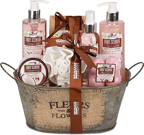 BRUBAKER Cosmetics Kit para Baños "Fresa-Coco" - Fragancia de Coco y Fresa - Set de Belleza de 11 Piezas en Bañera Vintage - Set de Regalo para Mujer - Wellness Beauty Spa Set de Baño y Ducha  