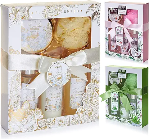 BRUBAKER Cosmetics Set de Baño y Ducha "Vanilla Rose Mint" - Set de Regalo para Mujer - Wellness Kit Fragancia de Vainilla Roses Mint - Juego de 5 Piezas para Regalo - Oro Blanco  