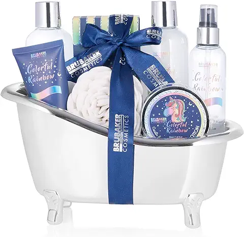 BRUBAKER Cosmetics Set de Regalo Mujer - Kit de Belleza de 8 Piezas de Unicornio Arco Iris de Colores con Fragancia de Vainilla y Lavanda en Bañera de Plata - Spa Set de Baño y Ducha  