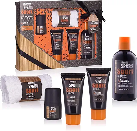 BRUBAKER Cosmetics Set de Regalo Para Hombres Spa Sport Musk 5 Partes Set de Cuidado con Gel de Ducha, Desodorante, Loción Corporal + Toallita en Caja de Regalo  