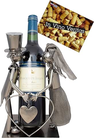 BRUBAKER Porta Botella de Vino Pareja de Novias - Decoraciónn Soporte de Botella de Metal - con Tarjeta de Felicitación para Regalo de Boda BRUBAKER Porta Botella de Vino Pareja de Novias - Decoraciónn Soporte de Botella de Metal - con Tarjeta de Felicitación para Regalo de Boda