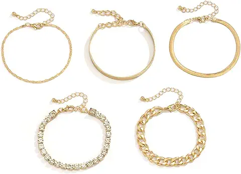 BSLVWG 5 Piezas Boho oro Cadena Pulseras Conjunto para Mujeres Múltiples Capas Apilable Envoltura Brazalete Ajustable moda clip Enlace Cubano Joyería para Mujeres Regalo  