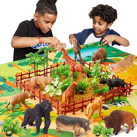 BUYGER Animales de Juguete Salvajes Figuras con Tapete de Juego Selva y Figura de Animales Incluir Tigre Caballo, Regalos para Niños Niña  