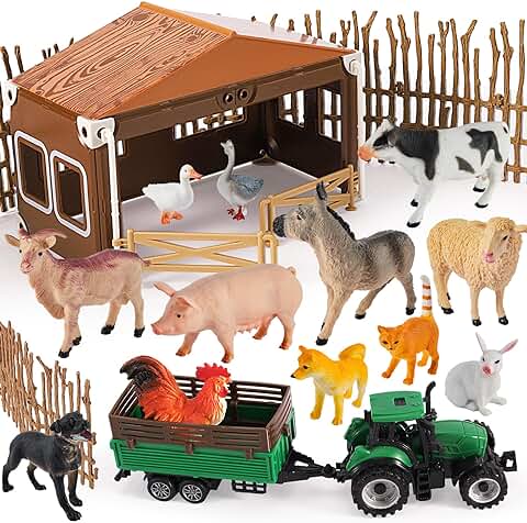 BUYGER Figuras de Animales de Granja Juguetes con Granero, Valla de Ensamblaje y Camiones de Transporte, Realistas Juguetes de Animales Conjunto para Niño Niña BUYGER Figuras de Animales de Granja Juguetes con Granero, Valla de Ensamblaje y Camiones de Transporte, Realistas Juguetes de Animales Conjunto para Niño Niña