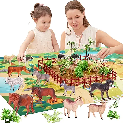 BUYGER Figuras de Animales Juguetes con Tapete de Juego, 12 Piezas Animales de la Granja con Valla y Arboles, Juego de Conjunto de Animales Figuritas Realista Regalos para Niños Niña 3 4 5 Años  