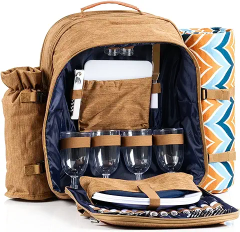 CampFeuer Mochila Térmica de Picnic | 4 Personas | 32 Piezas | Color Marrón | con Soporte para Botellas y Manta | Vajilla y Cubiertos CampFeuer Mochila Térmica de Picnic | 4 Personas | 32 Piezas | Color Marrón | con Soporte para Botellas y Manta | Vajilla y Cubiertos