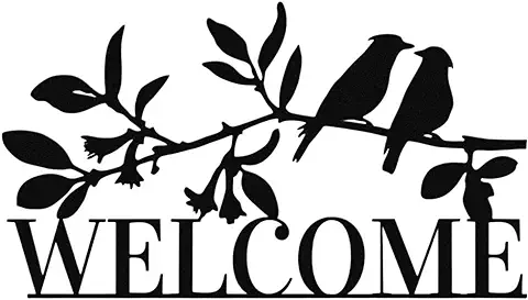 Cartel de Bienvenida de Metal para la Puerta Principal, Cartel de Bienvenida de Metal para arte de Pared Exterior con Hojas y Pájaros Negros, Regalo para Amantes de los Pájaros para la Decoración  