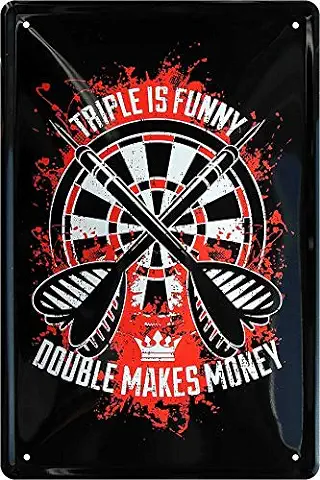 Cartel de Chapa con Texto en Alemán "Triple is Funny – Double Makes Money" Decorativo bar bar Cartel para fans de Dardos, idea de Regalo 20 x 30 cm  