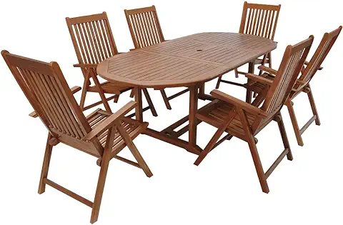 CASARIA Conjunto Mesa 6 Sillas de Jardín Vanamo Extensible Plegable Reclinable Comedor Madera de Eucalipto Jardín Terraza Exterior CASARIA Conjunto Mesa 6 Sillas de Jardín Vanamo Extensible Plegable Reclinable Comedor Madera de Eucalipto Jardín Terraza Exterior