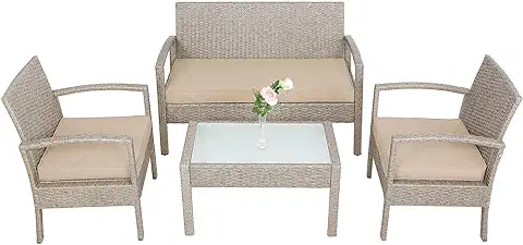 CASARIA Conjunto Muebles de Jardín Beige para 4 Personas de Poliratán Juego 1 Mesa 1 Banco y 2 Sillas CASARIA Conjunto Muebles de Jardín Beige para 4 Personas de Poliratán Juego 1 Mesa 1 Banco y 2 Sillas