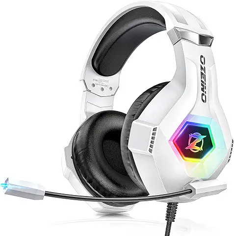 Cascos Gaming con Micrófono Suave, Luz RGB, Sonido Envolvente Claro, Orejeras Ligero Cómodo Ajustable, Auriculares Gaming Blanco para PS5 PS4 PC Xbox One/X/S Switch Tableta Cascos Gaming con Micrófono Suave, Luz RGB, Sonido Envolvente Claro, Orejeras Ligero Cómodo Ajustable, Auriculares Gaming Blanco para PS5 PS4 PC Xbox One/X/S Switch Tableta