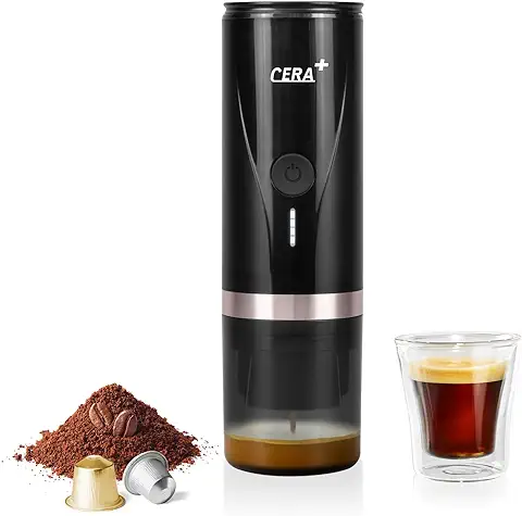 CERA+ Máquina de Espresso Eléctrica Portátil Auto-calentamiento en 3-4 Minutos, Cafetera Mini de 20 Bares con Batería Recargable. Compatible con Cápsulas NS y Café Molido para Viajes y Camping  