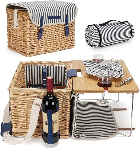 Cesta de Picnic de Mimbre para 2, 2 Personas, Juego de Regalo de Sauce con Mesa de Vino de Bambú con Patas de Metal para Acampar y Fiesta al Aire Libre Cesta de Picnic de Mimbre para 2, 2 Personas, Juego de Regalo de Sauce con Mesa de Vino de Bambú con Patas de Metal para Acampar y Fiesta al Aire Libre
