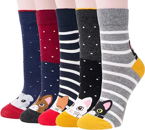 Chalier Cozy Calcetines Animales 5 Pares Calcetines Algodón Suaves Calcetines Gato Perro para Mujer, Regalos de Cumpleaños para Amantes de los Animales, Talla Única  