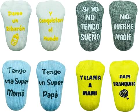 Cincobebé Juego de Calcetines Antideslizantes para Bebé/Recién Nacido,con Frases en Español Divertidas Lindas,Apto para Todas las Estaciones,4 Pares,0-6 Meses/6-24 Meses,Unisex,Caja Regalo  