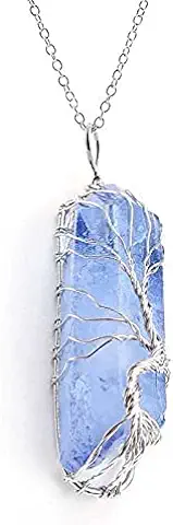 Colgante Piedra Natural,Piedra Natural Aguamarina Cristal Colgante Collar Plata Árbol De La Vida Alambre Envuelto Colorido Colgante Clásico Boho Mujeres Joyería Regalo Para Novia Mamá Señora  