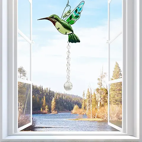 Colibrí Atrapasoles para Ventanas anti Huelga de Pájaros Cristal Manchado Adorno para Colgar en el Jardín Decoración de Colgante de Prisma Regalo para Mujeres y Niñas Amantes de los Pájaros (verde  