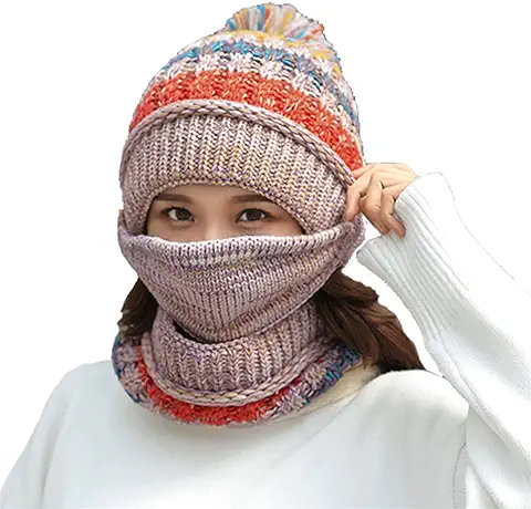 Conjunto de Bufanda de Gorro de Invierno con Forro Polar Mujer y Cubierta Facial Desmontable - 3 Piezas Punto Beanie Sombrero y Bufanda y Mascarilla para Deportes Aire Libre Regalo de Invierno  