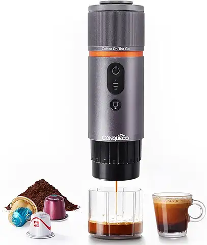 CONQUECO Cafetera Portátil con Cápsula de Espresso - 12V Máquina de Café Electrica con Batería - para Coche Camión y Viajes - Compatible con Cápsulas Originales Nespresso y Cápsula L'or  