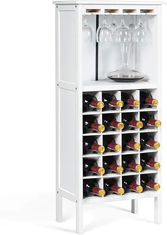 COSTWAY Botellero Vino con Soporte para 20 Botellas, Organizador de Almacenamiento de Vino con Soporte de Copas de Vino, Soporte para Botellero de Madera 24.5 x 42 x 96cm, para Salón, Cocina (Blanco)  