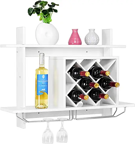 COSTWAY Botellero Vino para 6 Botellas, Botellero Pared con 2 Nivel de 80 x 58,5 x 20 cm, Estantería de Botellas de Vino de Madera Montado en la Pared, para Cocina, Bodega, Bar  