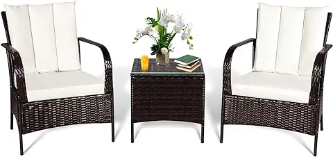 COSTWAY Juego de Muebles de Patio de 3 Piezas, 2 Sillas de Ratán PE, Mesa con Tapa de Vidrio, Cojín de Esponja, Juego de Muebles de Jardin COSTWAY Juego de Muebles de Patio de 3 Piezas, 2 Sillas de Ratán PE, Mesa con Tapa de Vidrio, Cojín de Esponja, Juego de Muebles de Jardin