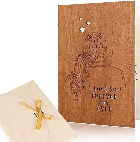 Creawoo Tarjetas de Felicitación de Madera, Tarjetas de Felicitación Hechas a mano para el Amor, Tarjeta de Madera I Love You Forever & Ever para Cumpleaños, Aniversario, Bodas, San Valentín  