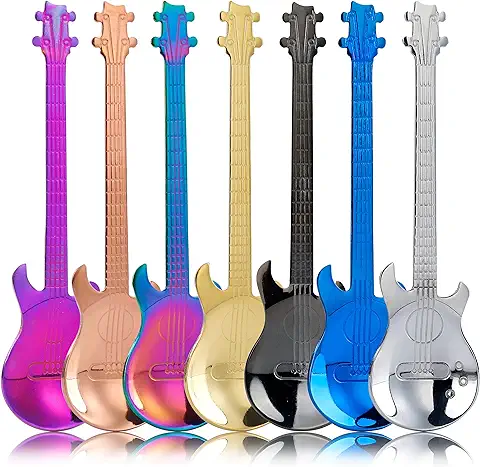 Cucharas de Café de Acero Inoxidable, 7 Piezas Diseño de Forma de Guitarra Cucharitas Cuchara de Postre para Café, Té, Bebidas, Mezclar o Batidos (Multicolor)  