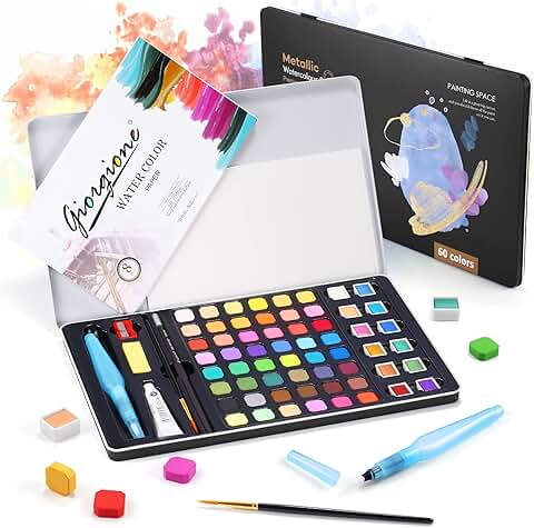 DazSpirit 60 Colores Acuarelas Profesionales, Portátil Kit Acuarelas Para Niños, Artistas, Principiantes, Aficionados, Set Acuarelas Con 8 Acuarelas Bloc De Papel Versátil(60 Colores)  