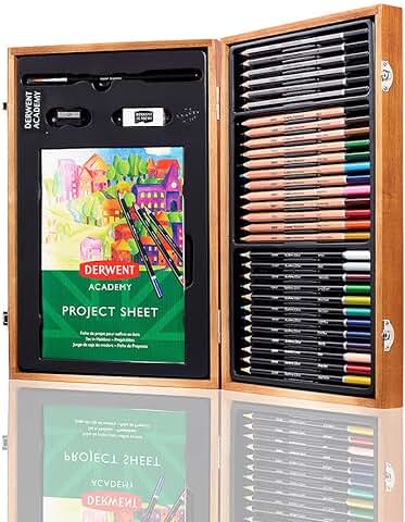 Derwent Academy Caja de Regalo de Madera, Kit Completo con 35 Lápices de Colores, Pastel y Otros Accesorios, Ideal para Dibujar, Colorear e Ilustrar, 2300147  