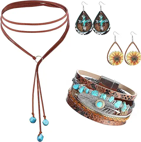 Diamday Bohemias Turquesa Joyas Juego para Mujer Turquesa Colgante Collar Layered Declaración Turquesa Cuero Boho Cuff Wrap Pulsera Brazalete Vintage Western Pendientes  