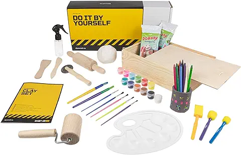 DIBYS Juego de Alfarería para Niños | Con Arcilla de Secado al aire y Blanco, Herramientas de Madera, Pinturas, Pinceles e Instrucciones | Kit Creativo de Bricolaje con caja para Manualidades y  