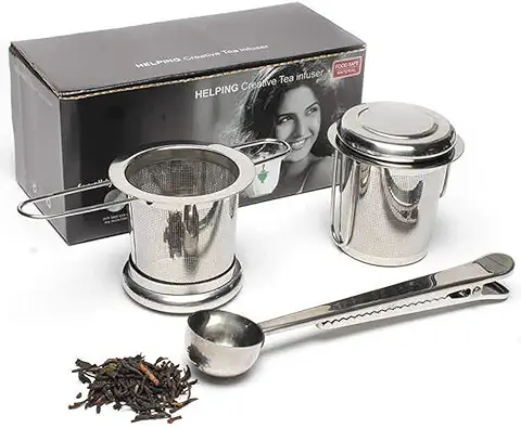 Dido´s Pack de 2 Infusor de Té en Acero Inoxidable Colador Filtro con Tapa y Asa para Tazas de Té Café Té a Granel Hojas Sueltas, con Bandejas de Goteo y Cuchara  