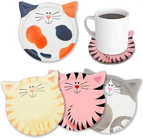 Divertidos Posavasos para Bebidas Absorbentes, Juego de 4 Posavasos de Cerámica en Forma de Gato, Ideas de Regalo únicas para los Amantes de los Gatos, Decoración de mesa de Comedor, Regalo de  