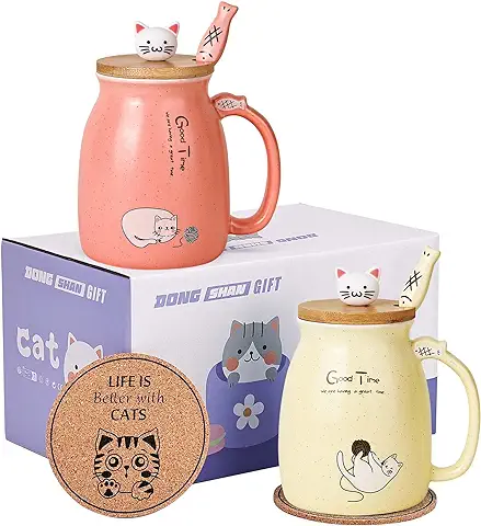 DONGSHANGIFT Juego de 2 Tazas de gato Taza de Té Gato Taza de Cerámica con Tapa y Cuchara Kawaii Tazas para Mujer 500ml Navidad Cumpleaños Taza Regalo Gato (Rosa y Amarillo)  