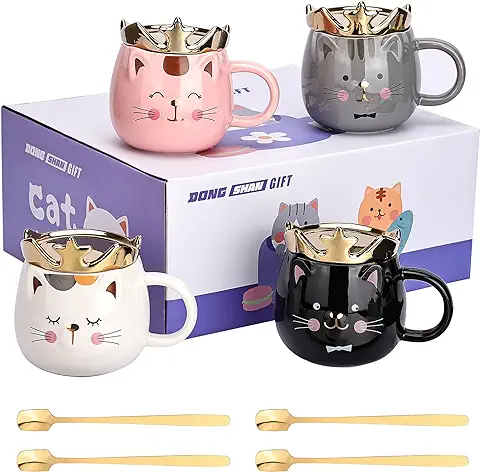 DONGSHANGIFT Juego de 4 Tazas de Gato Juego de Tazas de Gato con Corona con tapa para Teléfono Móvil para Amantes de los Gatos Mujeres Niñas Taza Regalo Gato 420ml (Negro Blanco Rosa Gris)  