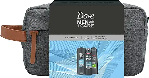 Dove Men+Care Neceser Hombre Set de Baño con Bolsa de Aseo Gel de Ducha Clean Comfort + Champú y Acondicionador 2 en 1 + Desodorante Antitranspirante Roll On + Gel Hidroalcohólico + Tarro Crema  