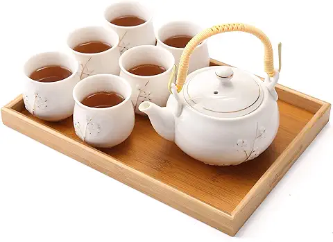 Dujust Juego de té Japonés, Juego de té de Porcelana Blanca con 1 Tetera, 6 Tazas de té, 1 Bandeja, 1 Infusor, Lindo Juego de té Asiático para Amantes del té (ciruela en Dorado)  