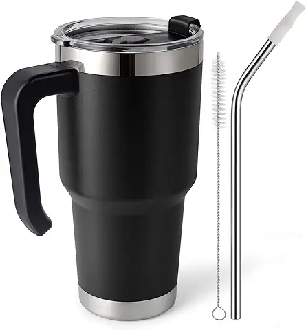 EQARD Taza con Asa Tapa y Pajita Vaso Termo Cafe para Llevar Taza Viajera Mug Térmica de Acero Inoxidable con Cepillos de Tubo para Café Frío o Caliente Todo sin BPA (30oz /850ML, Negro)  