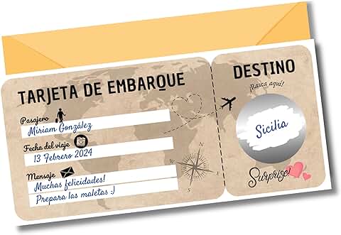 EQUIK PRODUCTS Regalo Viaje Sorpresa | Tarjeta de Rascar | Cheque, Cupón Viaje | Regalo Pareja Romántico para San Valentín | Tarjeta de Embarque Personalizable  