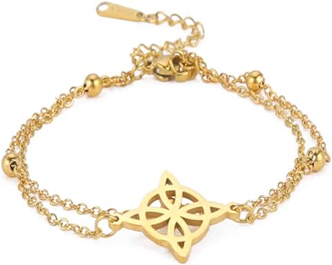 EUEAVAN Pulsera de Doble nudo Celta Concéntrico con Diseño de Flores, nudo de Bruja, Amuleto de Paganismo, Hueco, Doble Agujero, Acero Inoxidable, Joyería de Regalo para Mujer  
