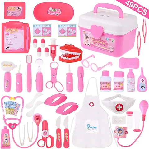 Faburo 49 Piezas Maletín de Médico de Juguete para Niños y Niñas, Juego de rol Médico Dentista Enfermera Kit Clínica Dental Juego Fingir Juego Herramientas Juguete Set Regalos para Niños (Rosa)  