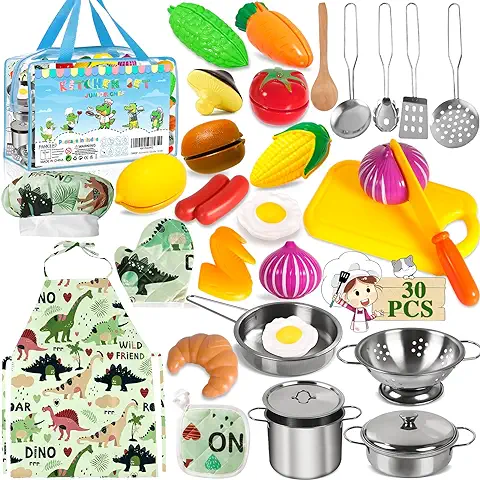 FAMKEEP Juguetes de Cocina para Niños Accesorios, 30 Piezas Juguetes de Chef para Niños, Set Utensilios de Cocina Culinario Mini Cocina de Juguete, Vegetales para Cortar, Delantal y Gorro De Cocinero  