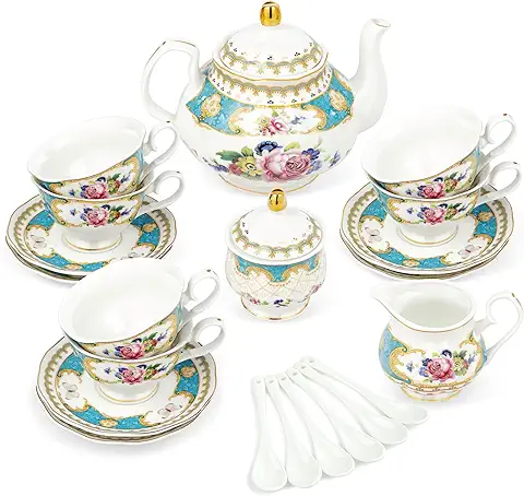 Fanquare 21 Piezas Juego de Té de Porcelana Azul, Juego de Café Ceramica Vintage para 6 Personas, Juego de Tazas de Café Flores para Adulto  