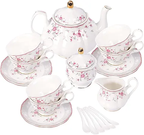 Fanquare Juego de Té de Porcelana, Juego de Taza y Platillo, Juego de Té para 6 Personas, Tetera de Boda Azucarera Jarra de Crema, Juego de Café de China Floral, Rosa Roja  