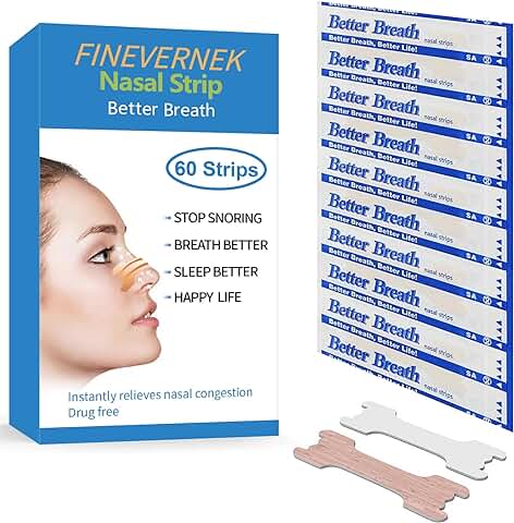 FINEVERNEK 60 Pcs Tiras Nasales Antironquidos, Nasal Strips Deportivas, Tiras Nasales Anti Ronquidos para una Mejor Respiración al Dormir y Hacer Deporte -Talla L 66 * 19mm  