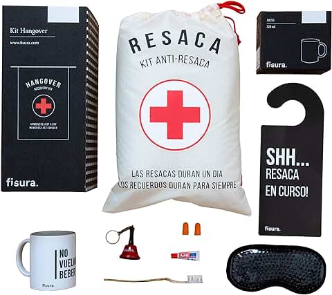 Fisura - Kit de Resaca en Español. Kit de Regalo para Bodas, Cumpleños y Fiestas. Kit de Supervivencia Unisex. Regalo Gracioso para Amigos. 8 Productos  